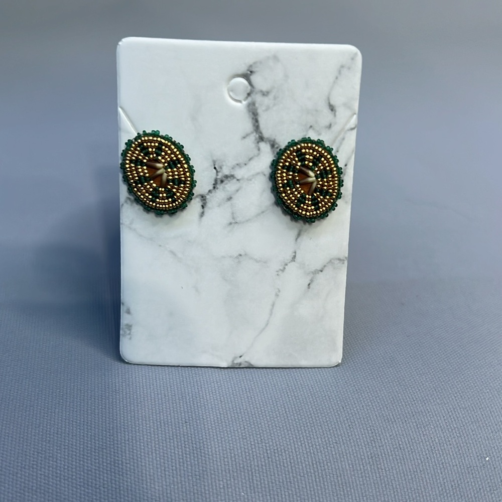Handmade Alaska Native Beaded earrings green gold with quills (A-96)